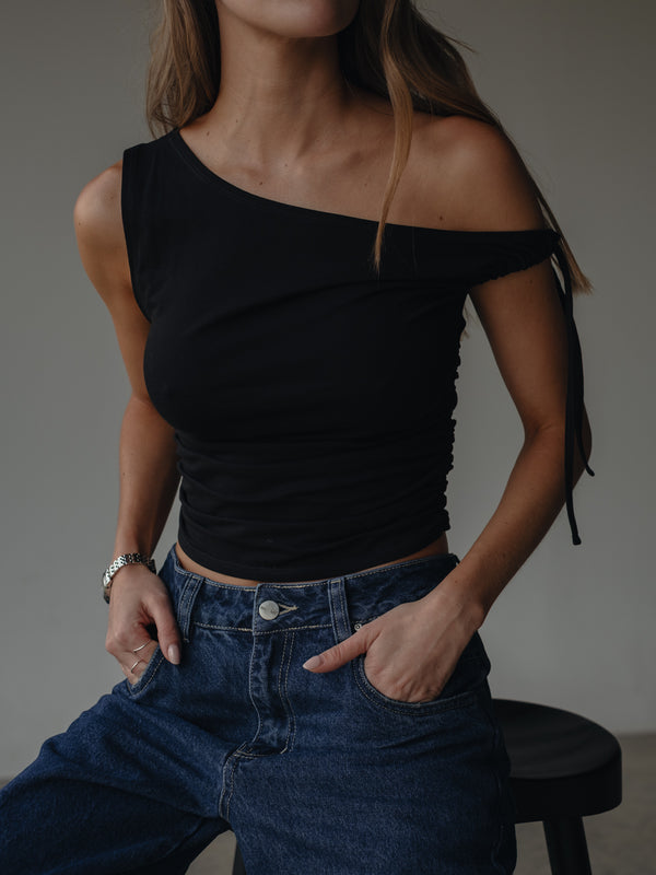 OFF SHOULDER TIED TOP - BLACK