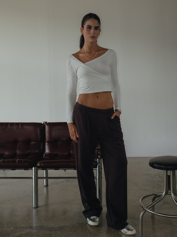 WIDE LEG BAND PANT - ESPRESSO