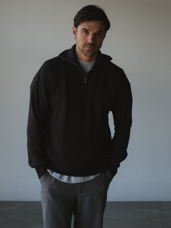 RIB ZIP UP KNIT SWEATER - BLACK