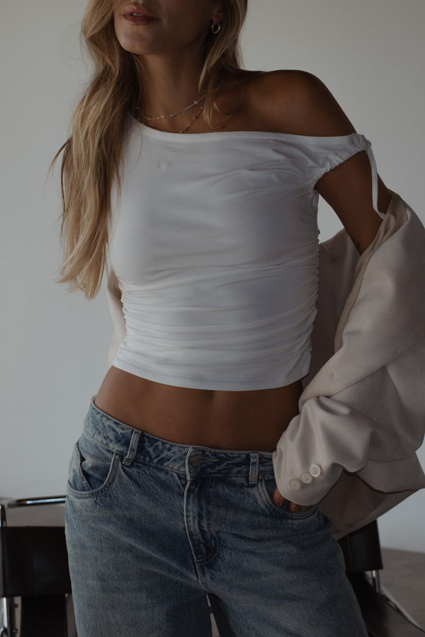 OFF SHOULDER TIED TOP - SOFT WHITE