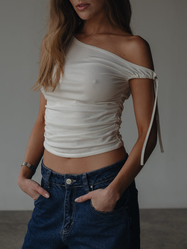 OFF SHOULDER TIED TOP - SOFT WHITE