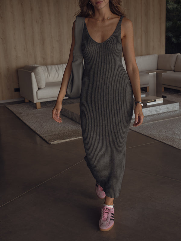 LONG RIBBED KNIT DRESS - GRAFITTO GRAY