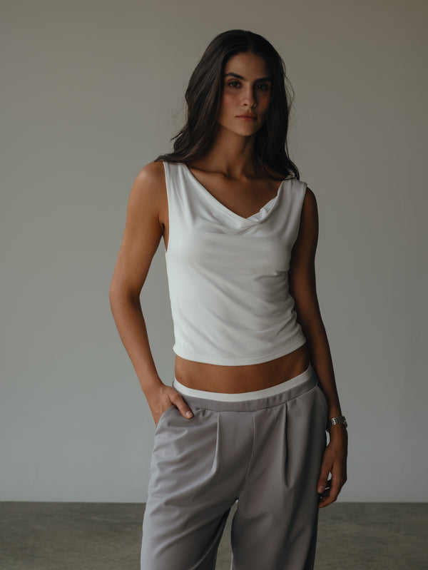 WIDE LEG BAND PANT - LIGHT GRAY