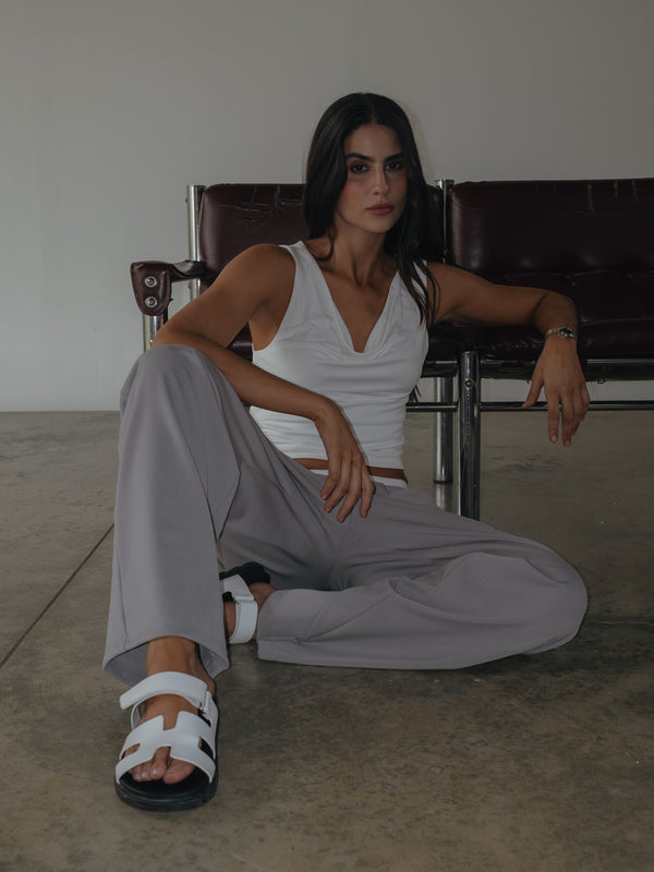 WIDE LEG BAND PANT - LIGHT GRAY