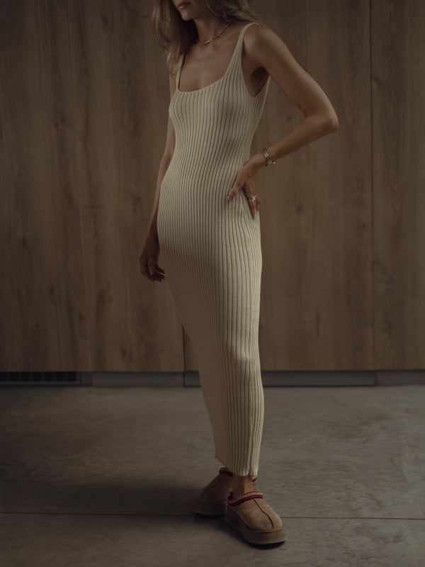 LONG RIBBED KNIT DRESS - SAND