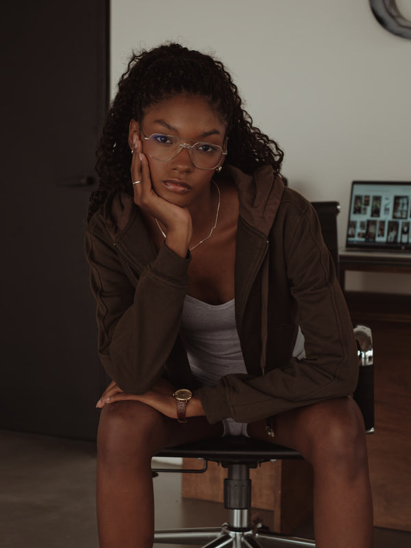 CROPPED ZIP HOODIE - DARK CHOCOLATE