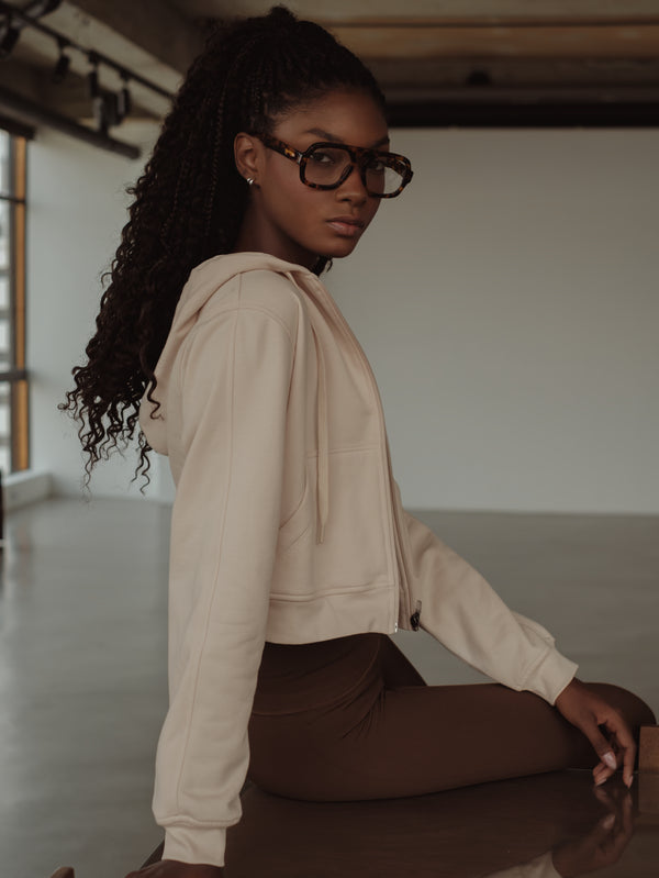 CROPPED ZIP HOODIE - NATURAL