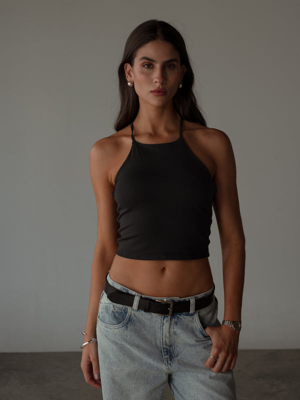 CROSS BACK MIDI TOP - BLACK