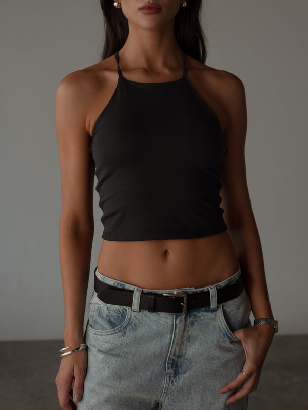 CROSS BACK MIDI TOP - BLACK