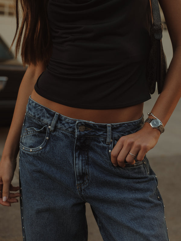 DOUBLE WASH STRAIGHT JEAN - STUDS ON BLUE