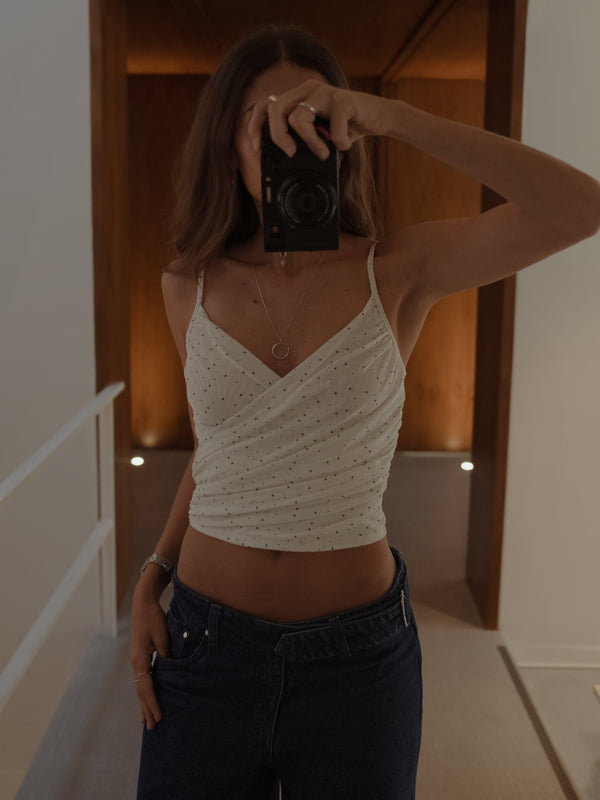 DRAPED MESH TOP - NATURAL DOTS