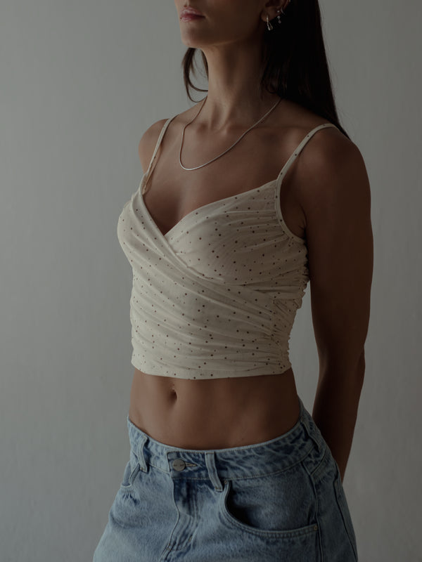 DRAPED MESH TOP - NATURAL DOTS