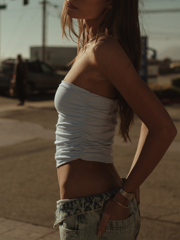 DRAPED STRAPLESS TOP - BABY BLUE