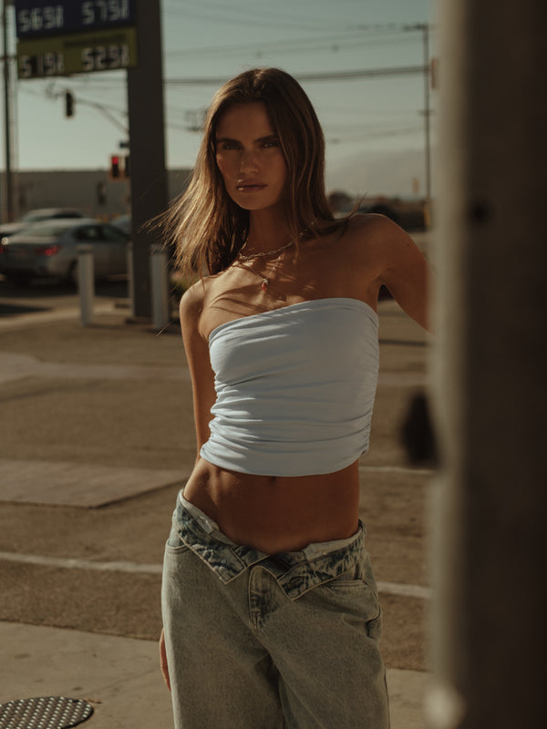 DRAPED STRAPLESS TOP - BABY BLUE