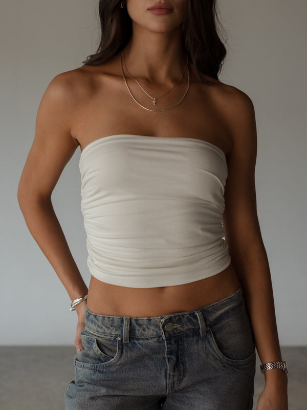 DRAPED STRAPLESS TOP - SOFT WHITE