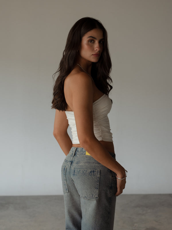 DRAPED STRAPLESS TOP - SOFT WHITE