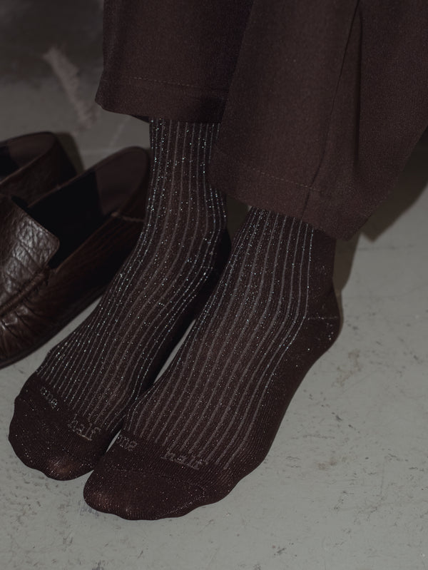 MESH SHINY SOCKS - BROWN
