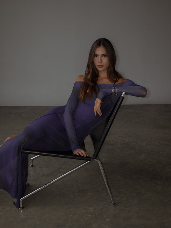 OFF SHOULDER MESH DRESS - MYSTIC PURPLE