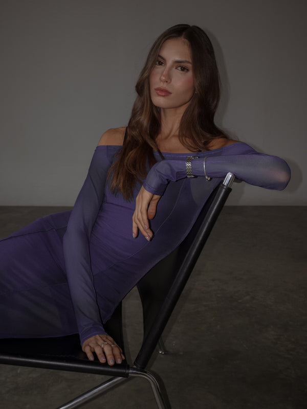 OFF SHOULDER MESH DRESS - MYSTIC PURPLE