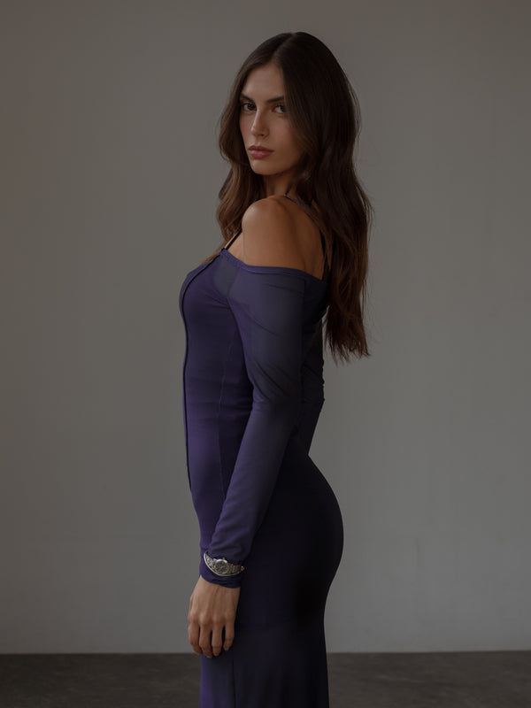 OFF SHOULDER MESH DRESS - MYSTIC PURPLE