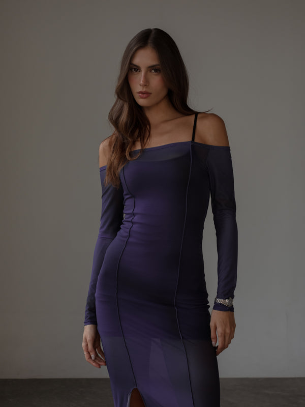 OFF SHOULDER MESH DRESS - MYSTIC PURPLE