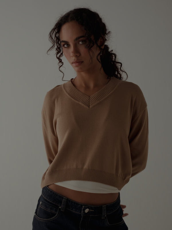 ONE HALF V-NECK KNIT SWEATER - SEPIA