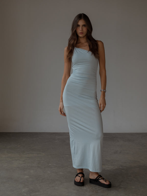 ONE SHOULDER DRAPED DRESS - BABY BLUE
