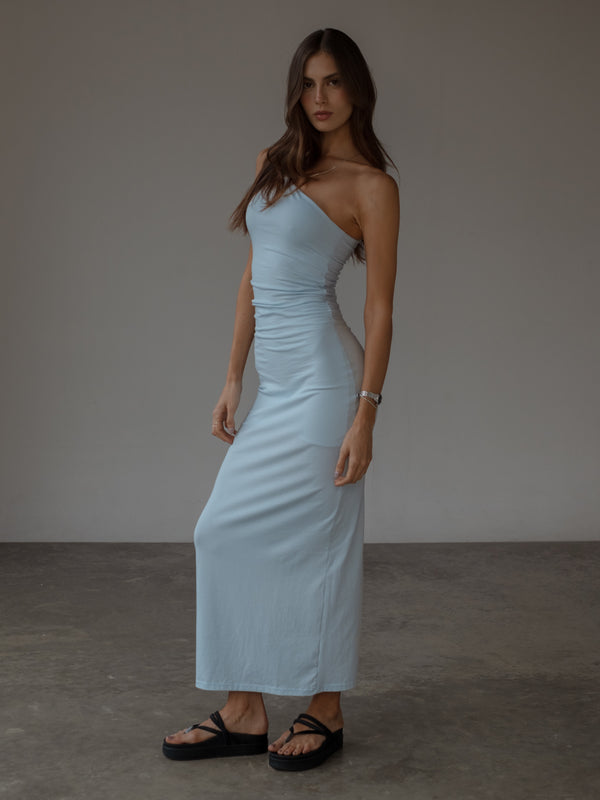 ONE SHOULDER DRAPED DRESS - BABY BLUE