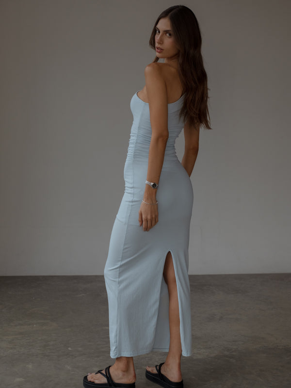 ONE SHOULDER DRAPED DRESS - BABY BLUE