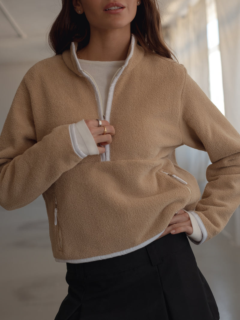 POLAR HALF ZIP SWEATER - SAND & SOFT WHITE
