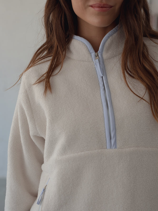 POLAR HALF ZIP SWEATER - SOFT WHITE & BABY BLUE