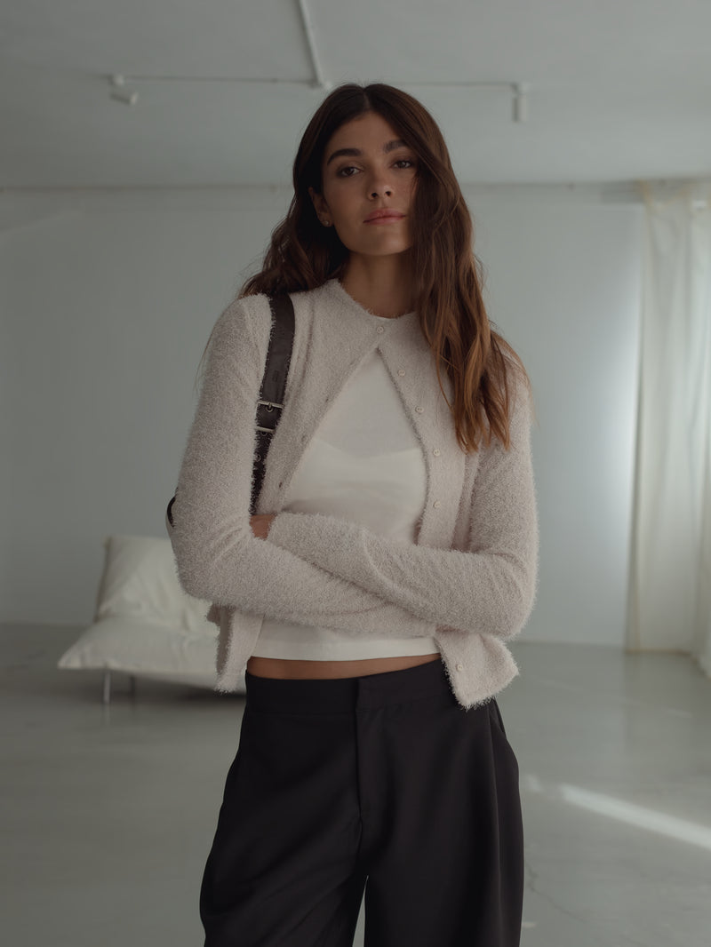 ROUND NECK CARDIGAN - SOFT WHITE
