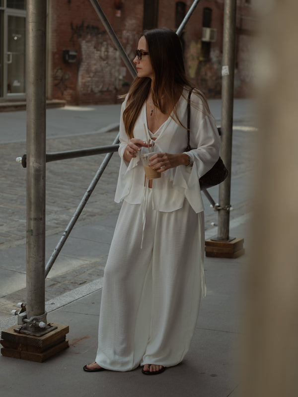 RUFFLE TIE CARDIGAN - SOFT WHITE