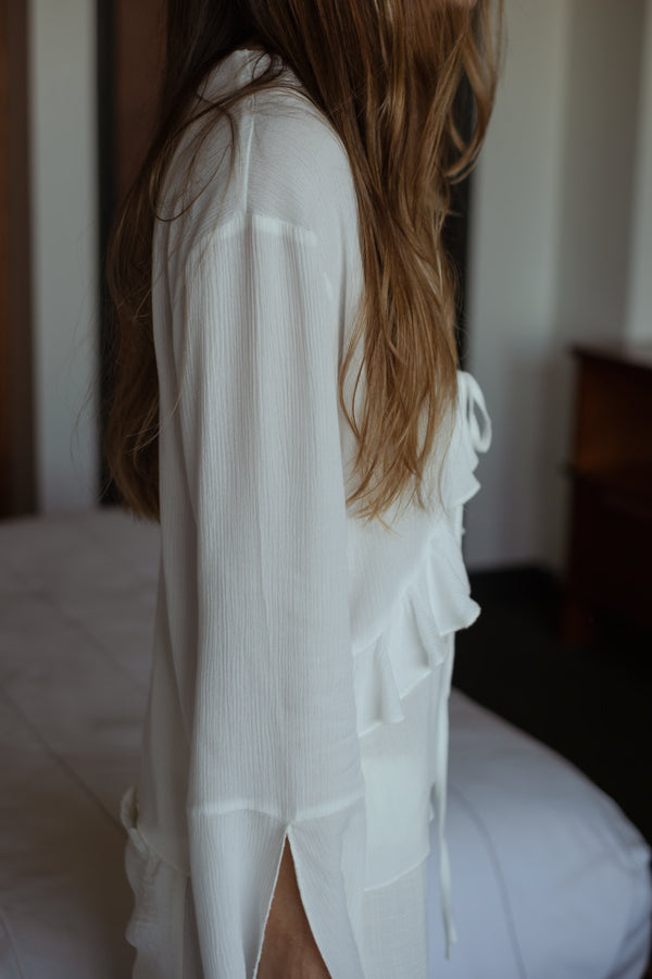 RUFFLE TIE CARDIGAN - SOFT WHITE