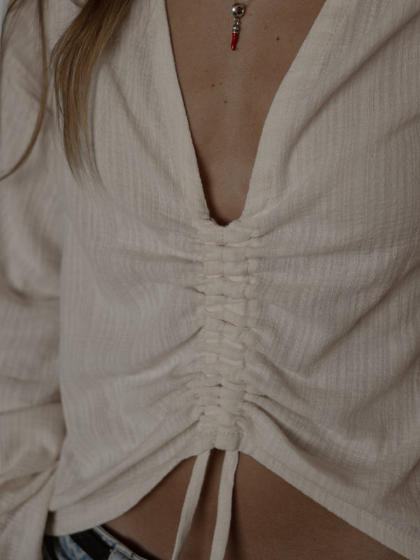 SHEER TIE FRONT BLOUSE - WARM WHITE