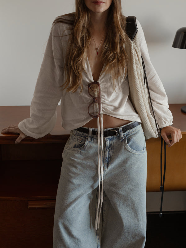 SHEER TIE FRONT BLOUSE - WARM WHITE
