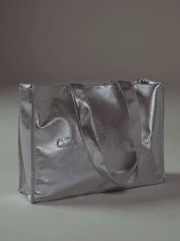 VEGAN LEATHER TOTE BAG - GLOSSY GRAY