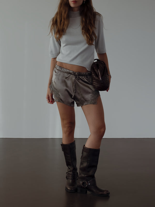 TALL COLLAR KNIT T-SHIRT - LIGHT GRAY