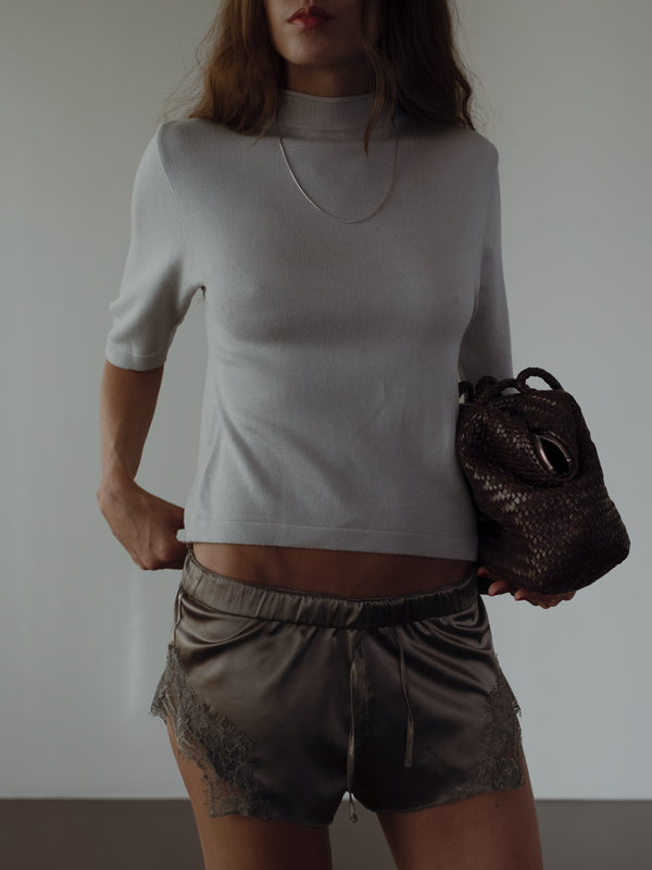 TALL COLLAR KNIT T-SHIRT - LIGHT GRAY