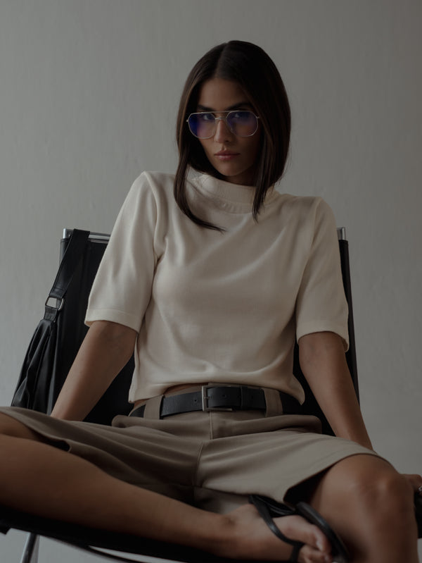 TALL COLLAR KNIT T-SHIRT - VANILLA