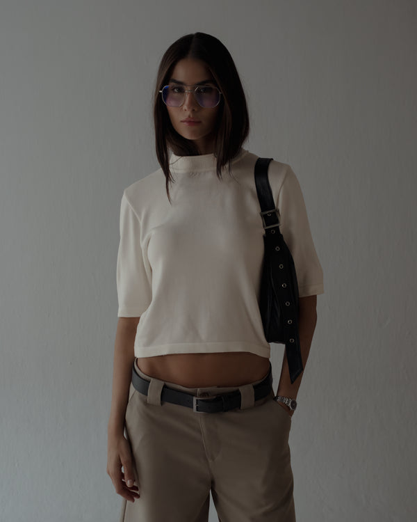 TALL COLLAR KNIT T-SHIRT - VANILLA
