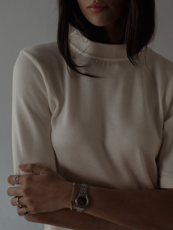 TALL COLLAR KNIT T-SHIRT - VANILLA