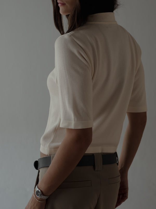 TALL COLLAR KNIT T-SHIRT - VANILLA