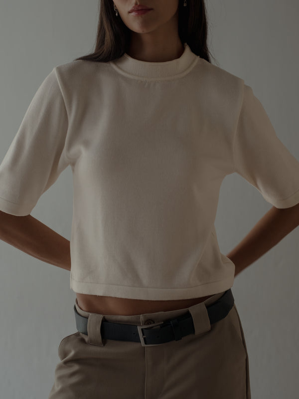 TALL COLLAR KNIT T-SHIRT - VANILLA